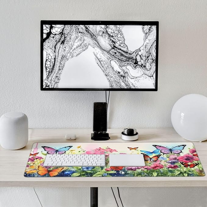 Butterfly Floral Garden Mouse PadDesk MatLarge Waterproof Non-Slip Rubber Mousepad with Stitched Edges Office Home Computer Desk Accessories35.4X15.7