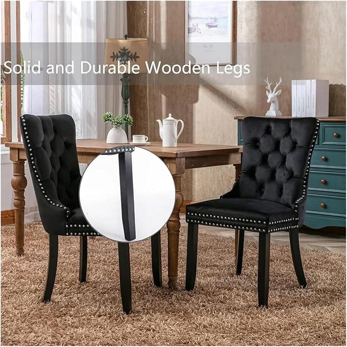 Adjustable Office Computer Chair with Armrest 1pcs Black Velvet Upholstered Dining Chairs with Ring Pull Trim and Solid Wood Legs