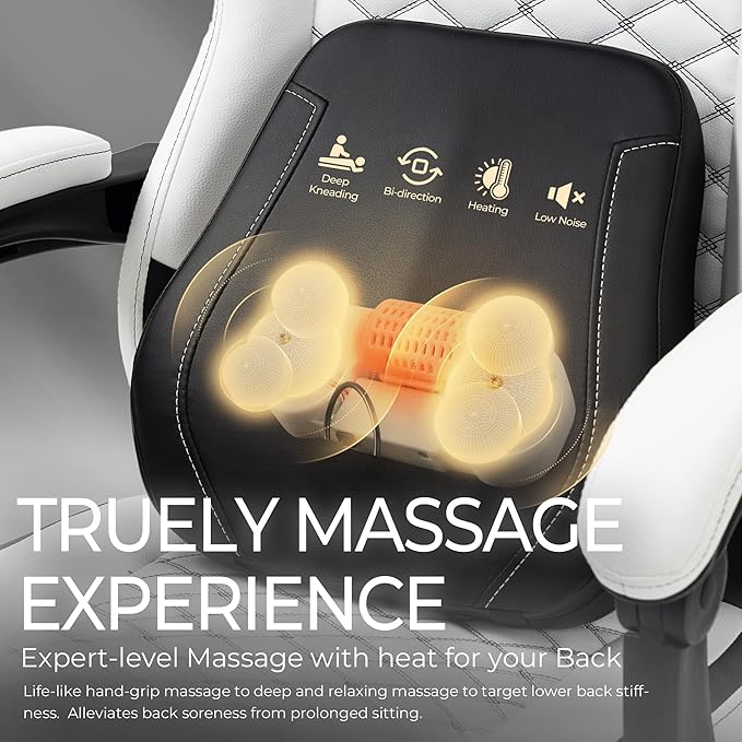 Gaming Chair with Heated Massage Lumbar Support Ergonomic Computer Chair with Footrest and Pocket Spring Cushion High Back Massage Gaming Chair Reclining Office Chair with Footrest 330lbs (White)