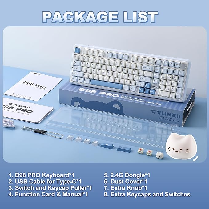 YUNZII B98 PRO QMK/VIA Wireless Mechanical Gaming Keyboard 96% Layout with Numpad and Cute Cat Knob BT/2.4G/USB-C Pre-Lubed Switch Hot Swap Gasket RGB for Win/Mac (Blue Milk V2 Linear Switch)