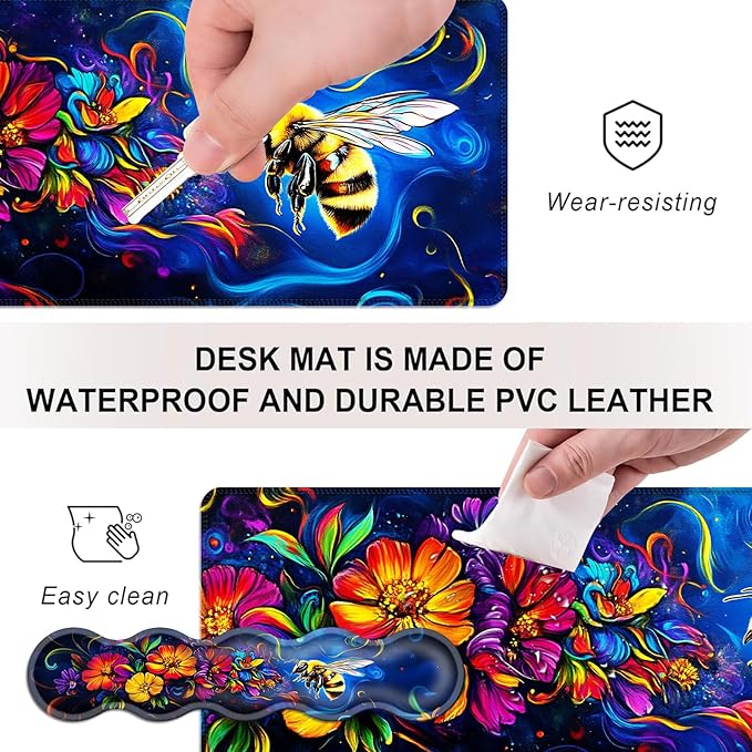 Mouse PadLarge Desk Mat Set 4in1 XL Mousepad + Keyboard Wrist Rest+Mouse Wrist Rest+Coaster with Ergonomic Desk Pad for Home Office Table Computer Cover -Bee and Vibrant Flowers