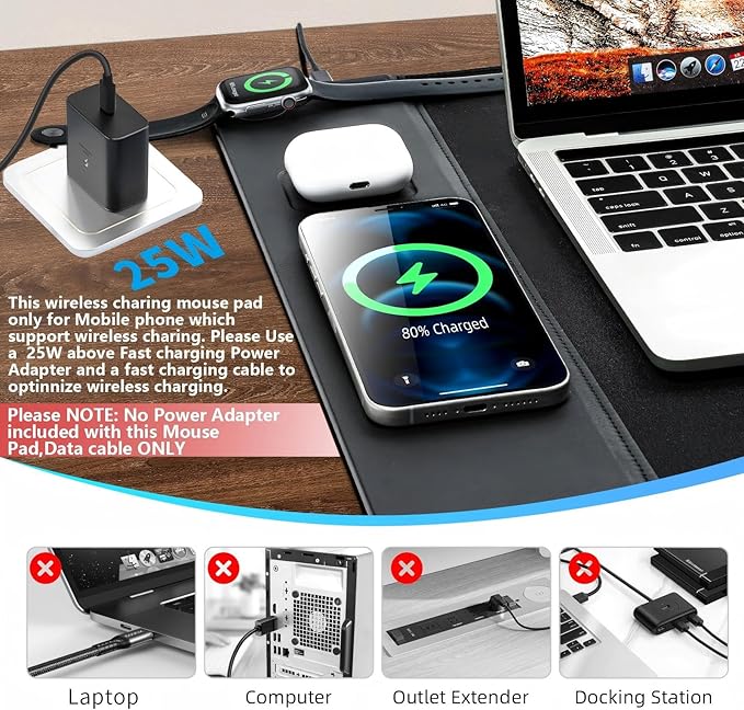 3 in 1 Wireless Charging Mouse Pad Gaming Mousepad with Wireless Charger Multiple Devices Compitable with Watch/iPhone/Airpods Large Desk Mat 90 x 40cmDesk Pad for MacBook PC Laptop-Black