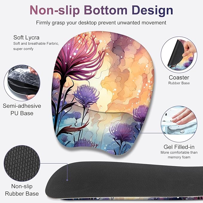 4 in 1 Large Mouse Pad Keyboard Wrist Rest Set Ergonomic Mouse Pad with Wrist Support Desk Mat with Stitched Edges Extended Desk Pad Waterproof Desk Mat for Home Office I Blossom Purple Flower