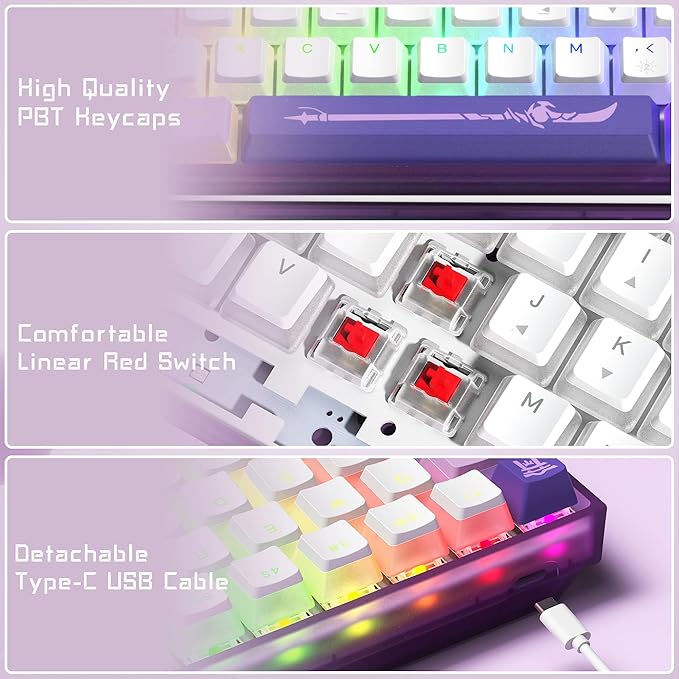 Womier 60% Percent KeyboardWK61 V2 Mechanical RGB Wired Gaming KeyboardHot-Swappable Creamy Key Board with PBT KeycapsLinear Red Switch for Windows/MAC (Purple)
