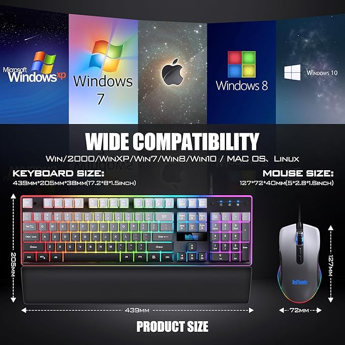 RedThunder K10 Wired Gaming Keyboard Mouse Wrist Rest Combo RGB Backlit Mechanical Feel Anti-ghosting Keyboard + 7D 7200 DPI Mice+Soft Leather Wrist Rest 3 in 1 PC Gamer Accessories(Gradient Gray)