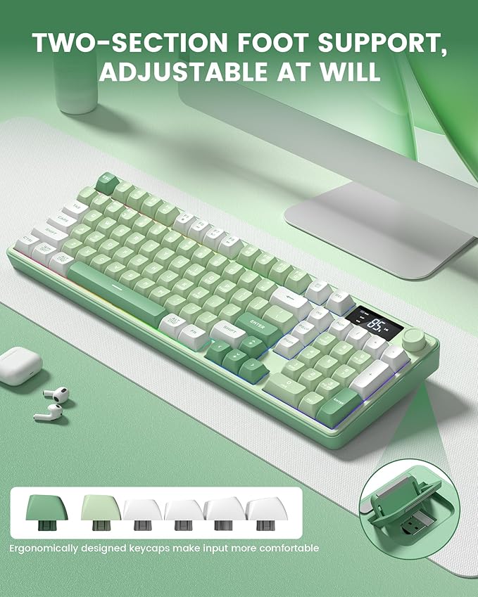 Keymatic Gaming Keyboard Wireless Creamy Keyboard with Media Knob &amp Screen Cute Keyboard Mechanical Feeling Membrane Keyboard with Number Pad RGB Backlit Tri-Mode BT/2.4GHz/USB-C - Green