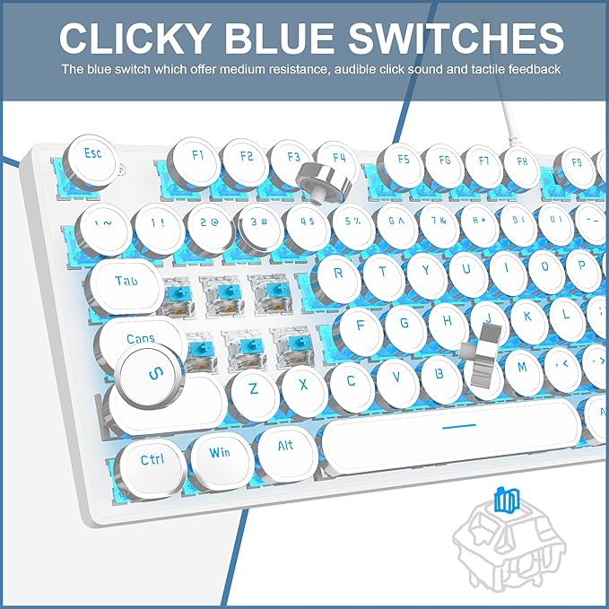 Camiysn Typewriter Style Mechanical Gaming Keyboard White Retro Punk Gaming Keyboard with Blue Backlit 104 Keys Blue Switch Wired Cute Keyboards Round Keycaps for Windows/Mac/PC