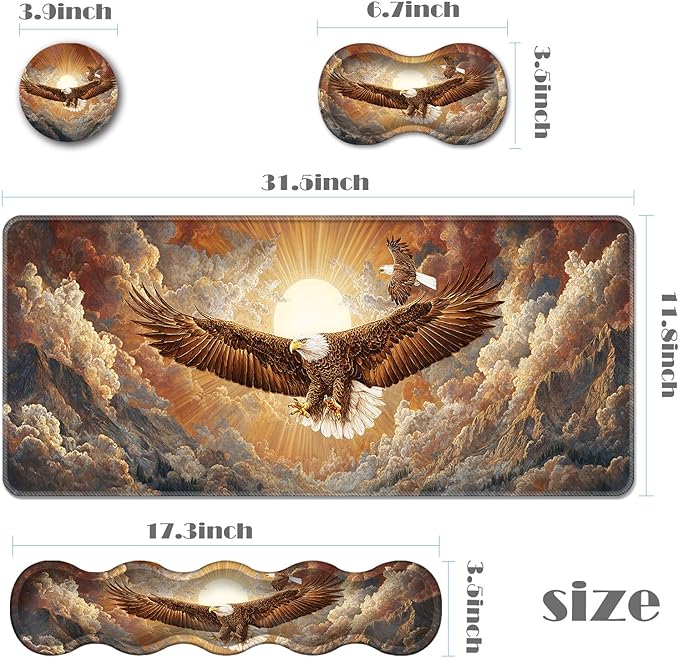 Ergonomic Keyboard Wrist Rest &amp Mouse Pad Wrist Rest SetXL Gaming Desk Mat 31.5x 11.8Non-Slip BaseMemory FoamEasy Typing Pain Relief for Office &amp HomeEagles Soaring at Sunset