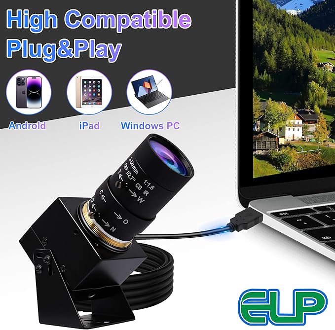 ELP 4K USB Camera with Microphone 5-50mm Varifocal Lens Manual Zoom Webcam 8MP IMX317 Sensor 3840x2160@30fps UVC for Windows Linux Mac Raspberry Pi etc.