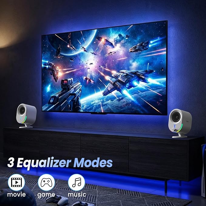 Bluetooth PC Gaming Speakers 2 * 15W 2.0CH Stereo with 3 EQ &amp 6 RGB Modes AC Powered Desktop Speakers with Aux/USB/Headphone Port for Laptop/TV White