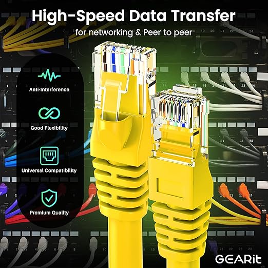 GEARit Cat 6 Ethernet Cable (100-Pack 1 Foot) Cat6 Network Patch 10Gbps RJ45 Snagless Cord Gold-Plated Connectors Internet for PC TV Tablet Router Printer Servers IT Data Center - Yellow