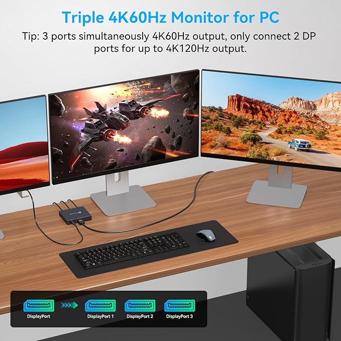 DisplayPort Splitter 3 Monitors 4K60Hz DP Splitter Extended Display 1 in 3 Out DisplayPort to Triple DP for PC Monitor (Mac OS Does Not Support MST Display Port Cable Not Included)