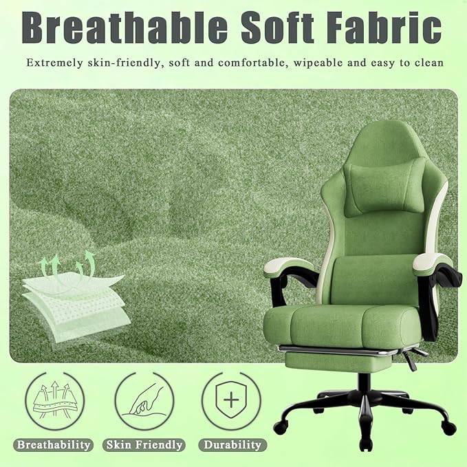 Gaming Chair High Back Fabric Computer Chair with Pocketed Spring Cushion and Footrest Height Adjustable Game Chair with Headrest and Lumbar Support (Beige &amp Green)