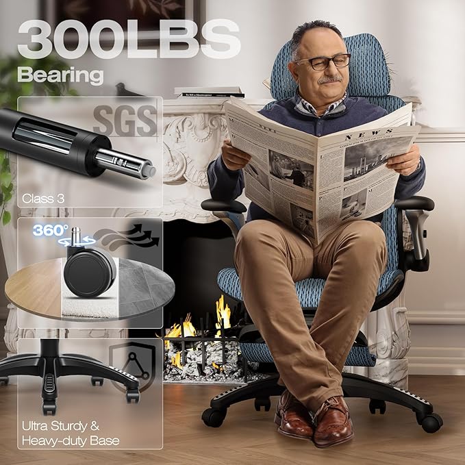 ELABEST X100 Ergonomic Office Chair with Footrest Big and Tall Home Desk Chair with 5D Flip-Up Arms Adjustable 3D Lumbar SupportHigh Back Rolling Computer Chair Swivel Mesh Chairs (Oaxaca Blue)