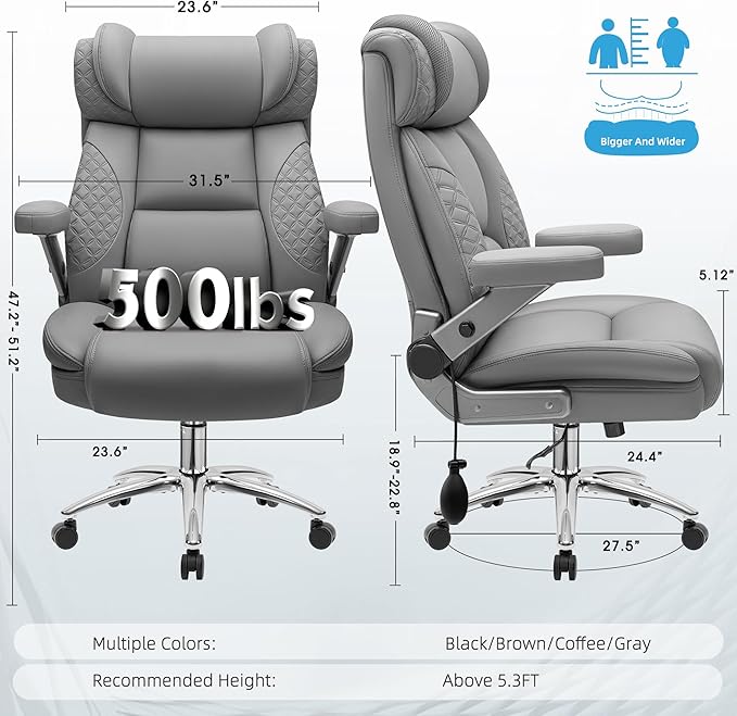 Office Chair 5D Flip Arm Ergonomic Desk Chair with Adjustable Lumbar Support for Back Pain Extra Wide 500LBS Comfy Big and Tall Office Chair Executive Leather Computer Game Chair for Heavy People