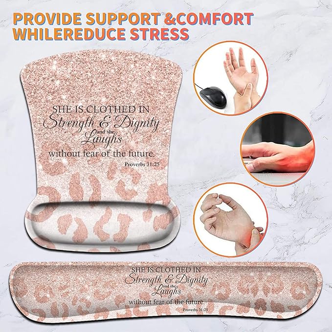 Keyboard Wrist Rest Pad and Ergonomic Mouse Pad Wrist Support Set Proverbs 31:25 Bible Verse Leopard Star Pattern for Gaming Office Comfortable and Pain Relief with Coaster Set