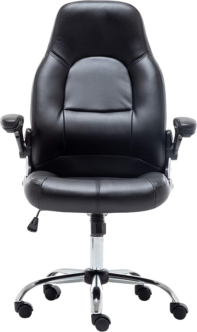 BTEXPERT Swivel Adjustable Black Home Office Gaming Chair Executive Flip up Arms with Lumbar Support Headrest PU Leather Executive High Back for Computer Adults Women Men