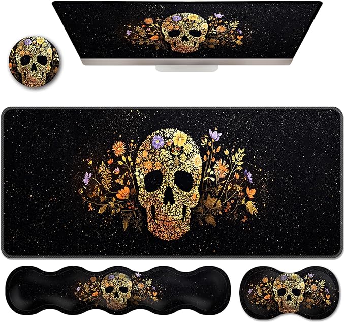 Ergonomic Keyboard Wrist Rest &amp Mouse Pad Wrist Rest SetXL Gaming Desk Mat 31.5x 11.8Non-Slip BaseMemory FoamEasy Typing Pain Relief for Office &amp HomeFloral Skull on Starry