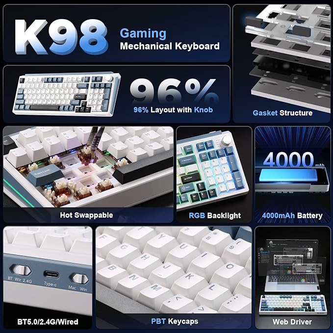 K98 Wireless Mechanical KeyboardTri-Mode BT5.0/2.4GHz/USB-C Hot Swappable Custom KeyboardGasket StructureRGB Backlit Gaming Keyboard for Win &amp Mac(White&ampBlueCocoa-V2 Switch)