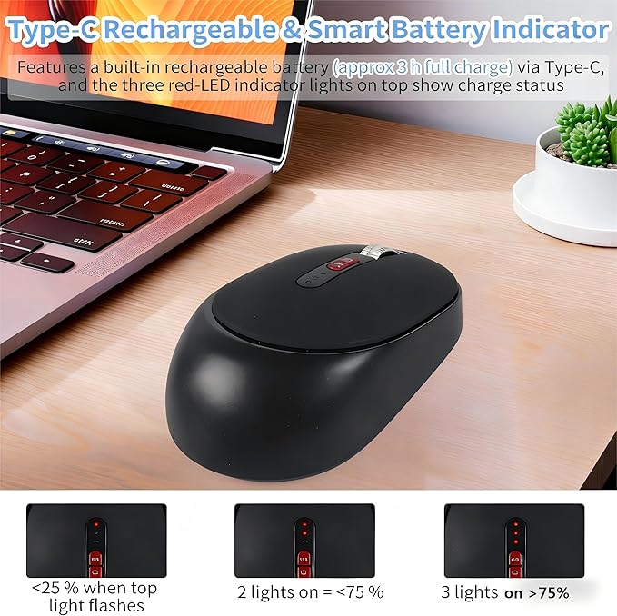 Dual Mode Wireless Bluetooth Mouse - USB-C &amp USB-A Receiver Rechargeable Silent Click for Laptop Tablet PC - Perfect for Students &amp Professionals Travel-Friendly (Black)