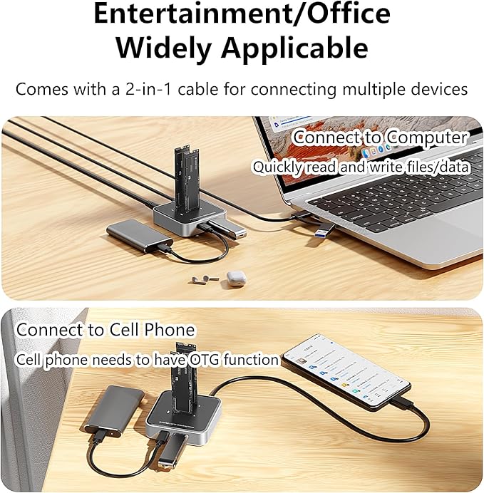 MiliPow Dual Bay M.2 NVME SATA SSD Enclosure USB 3.2 10Gbps HUB PCIE NVMe Docking Station Up to 16TB Plug and Play with M.2 SSD Storage Case