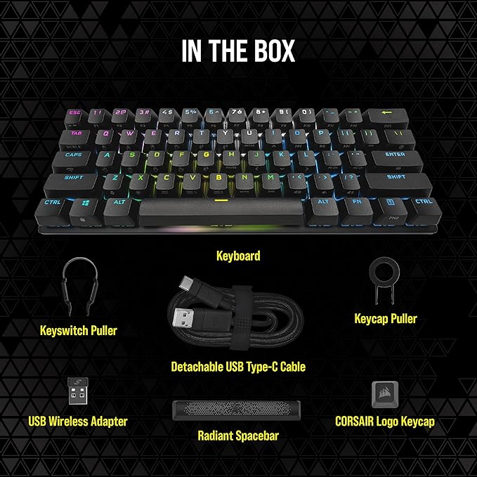 Corsair K70 PRO Mini Wireless RGB 60% (CH-9189010-NA) Mechanical Gaming Keyboard (Fastest Sub-1ms Wireless Swappable Cherry MX Red Keyswitches) QWERTY NA Layout - Black (Renewed)