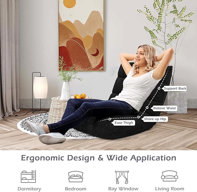 GORELAX Floor Chair with Back Support 14-Position Adjustable Folding Gaming Chair Recliner Meditation Chair with Steel Frame Padded Lazy Sofa Chair for Adults Kids (Black)