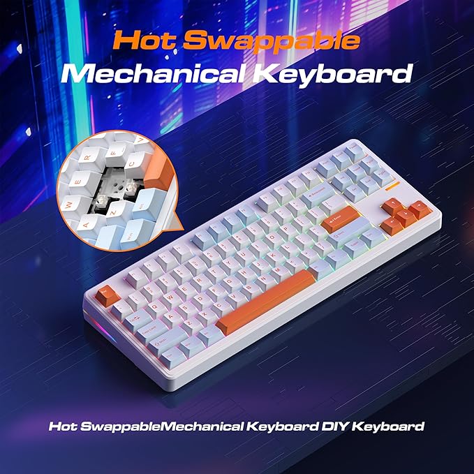 Linky 87 Wireless Mechanical KeyboardTri-Mode BT5.0/2.4GHz/USB-C Hot Swappable Custom Keyboard Linear SwitchesRGB Backlit Computer Gaming Keyboards for PC/Tablet/PS/Xbox(Ocean Sunrise)