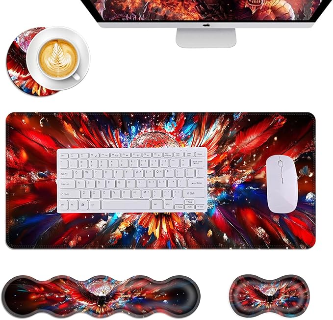 Mouse PadLarge Desk Mat Set 4in1 XL Mousepad + Keyboard Wrist Rest+Mouse Wrist Rest+Coaster with Ergonomic Desk Pad for Home Office Table Computer Cover -Eagle and Dreamcatcher