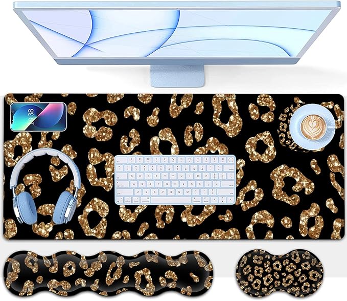 Gold Leopard Desk Pad Set - Extended Gaming Mouse Pad+ Ergonomics Memory Foam Wrist Rest Support 31.5x11.8in Waterproof Large Mouse Pad for Home Office Black XXL Mouse Mat