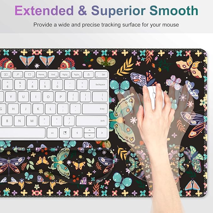 Desk Mat Pad Gaming Mouse Pad Wrist Support Set 4 in1 Non-Slip XXL Large Mousepad + Ergonomic Keyboard Wrist Rest+Mouse Wrist Rest+Coaster for Home Office Computer I Colorful Butterfly