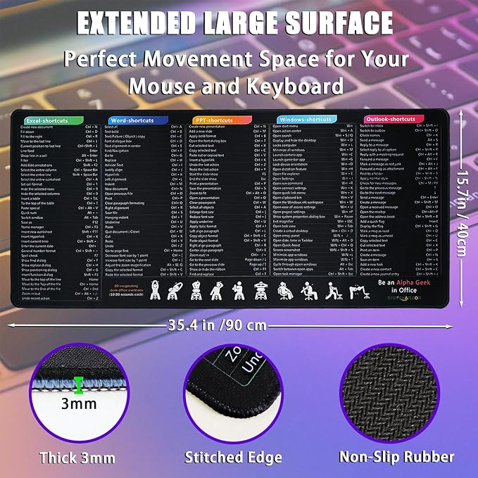 Keyboard Shortcuts Mouse Pad Windows/Excel/Word/PPT/Classic Outlook Cheat Sheet Desk Mat Large XXL Mousepad for Employees Coworkers Appreciation Gifts35.4×15.7 inch
