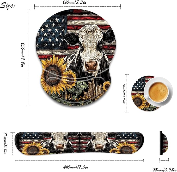 Bxgolkgd Ergonomic Gel Mouse Wrist Rest Pad and Keyboard Pad SetAnti-Slip PU Bottom Easy Typing and Relieve Wrist Pain with Cute Coaster Set (3-American Flag Cow with Sunflowers)