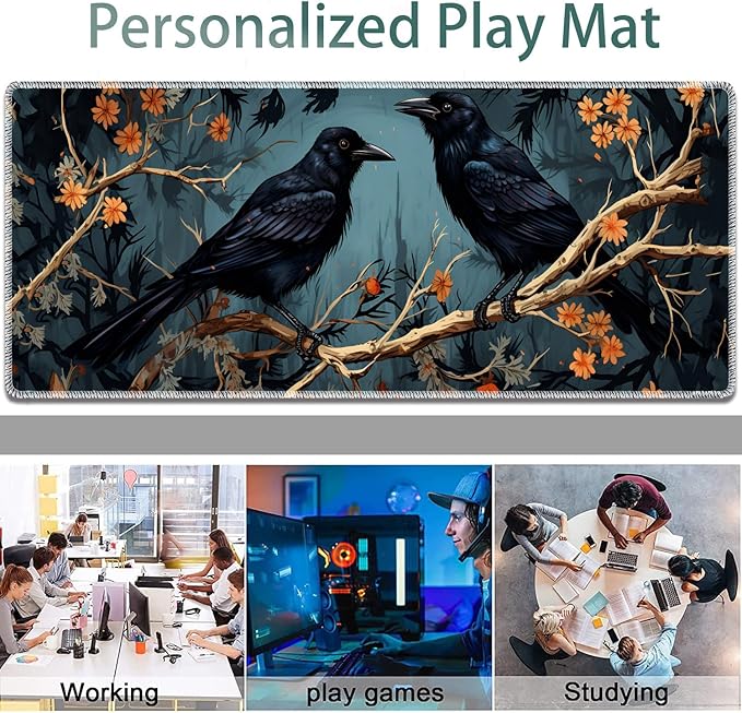 Large Gaming Mouse Pad + Keyboard Wrist Rest + Wrist Support + Coaster Set Memory Foam Ergonomic for Easy Typing XXL Extended Gaming Mouse Pad Table Pad - Branch Crow