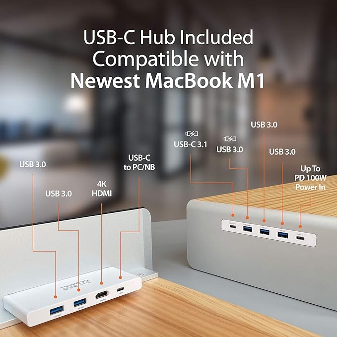 j5create Wooden Monitor Stand with USB Type C/HDMI Docking Station - USB 3.1 C to C Cable Included - Handmade Wood Panel with Aluminum Riser for Computer Screens Laptops TV