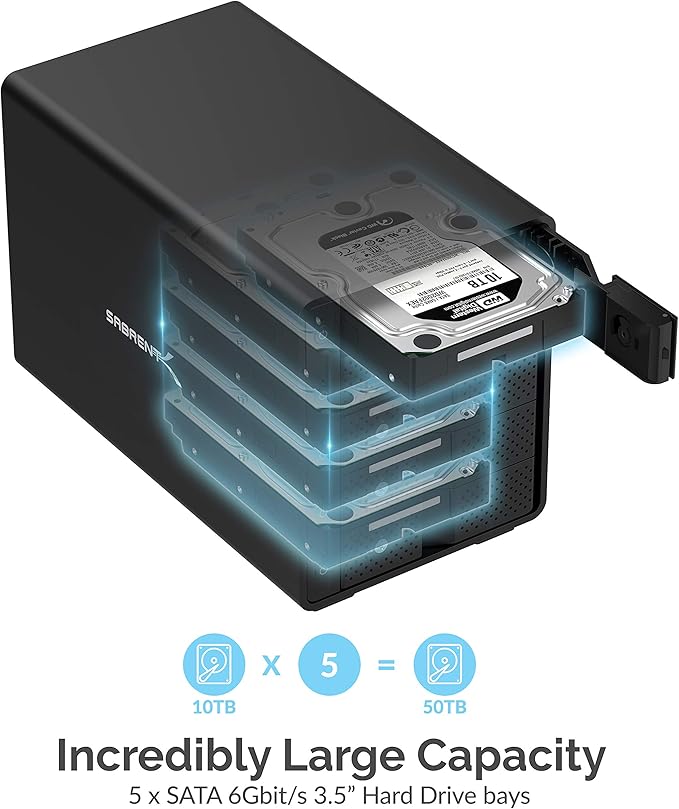 SABRENT 5-Bay USB 3.2 Gen 2 SATA Docking Station for 3.5” HDD/SSD 10Gbps USB-C DAS Tray-Less Hot-Swap Aluminum Enclosure with 120mm Cooling Fan Individual Power Switches No RAID (DS-SC5B)