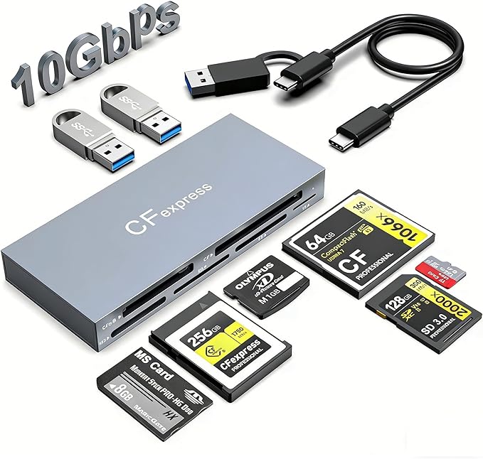 CFexpress Type B Card Reader 8 in 1 10Gbps Multi CF Express Reader Adapter for CFexpress Type B/CF/XD/MS/TF/SD Memory Card Readers Hub with 2*USB Gen 3.2 Data Port for Windows/Mac/Linux/Android