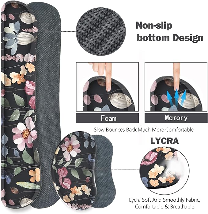 ARTSO Gaming Mouse Pad Wrist Support Set XXL Large Desk Mat Mousepad + Keyboard Wrist Support+ Mouse Wrist Rest+Coaster 4in1 Ergonomic Memory Foam Stitched Edge for Home Office -Flowers Plants