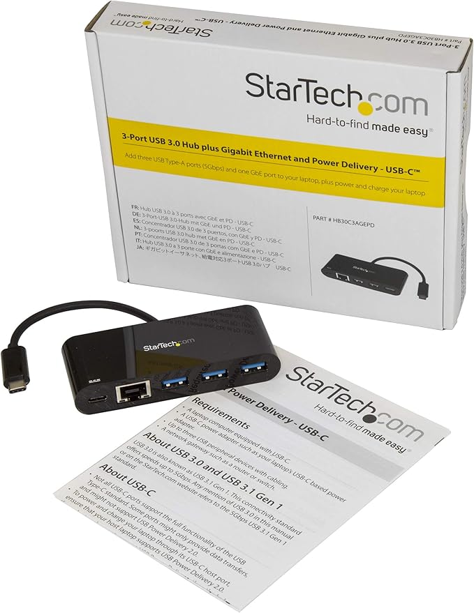 StarTech.com 3 Port USB-C Hub with Gigabit Ethernet &amp 60W Power Delivery Passthrough Laptop Charging - USB-C to 3x USB-A (USB 3.0 SuperSpeed 5Gbps) - USB 3.1/3.2 Gen 1 Type-C Adapter Hub (HB30C3AG