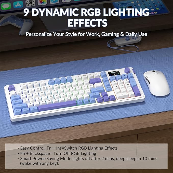 L98 Wireless Gaming Keyboard Cute Creamy Keyboard with Number Pad Tri-Mode BT5.0/2.4GHz/USB-C RGB Backlit Quiet Office Computer Keyboards for PC Laptop
