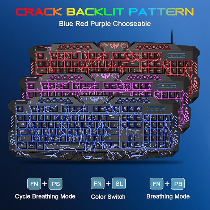 BlueFinger Backlit Gaming Keyboard Mouse and LED Headset Combo - USB Wired 3 Color Crack Backlit Blue LED Light Headset - Set for Work and Game