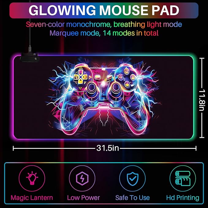 XL Led Gaming Mouse Pad with 14 Light Modes - Light Up Gamer Mouse Pad31.5 x 11.8in Non-Slip Gamepad Style RGB Large Gamer MousepadBlack Long Glowing Gaming Accessories for DeskWaterproof