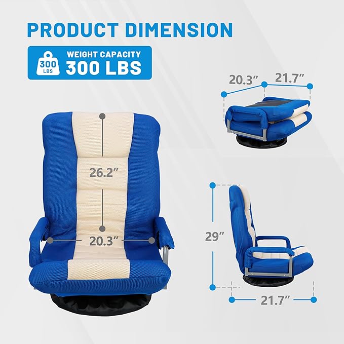 360 Degree Swivel Gaming Chair Foldable Floor Sofa Chair for TV Reading Playing Video Games with Lumbar Support Armrest Handles Adjustable Backrest Blue &amp Beige