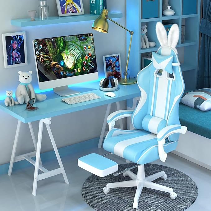 Ferghana Blue Gaming Chair with Bunny Ear Cute Massage Gaming Chairs for Adults &amp Teens Office PC Gamer Chair with Footrest Kawaii Computer Game Chair for Girls Racing Reclining Silla Gamer