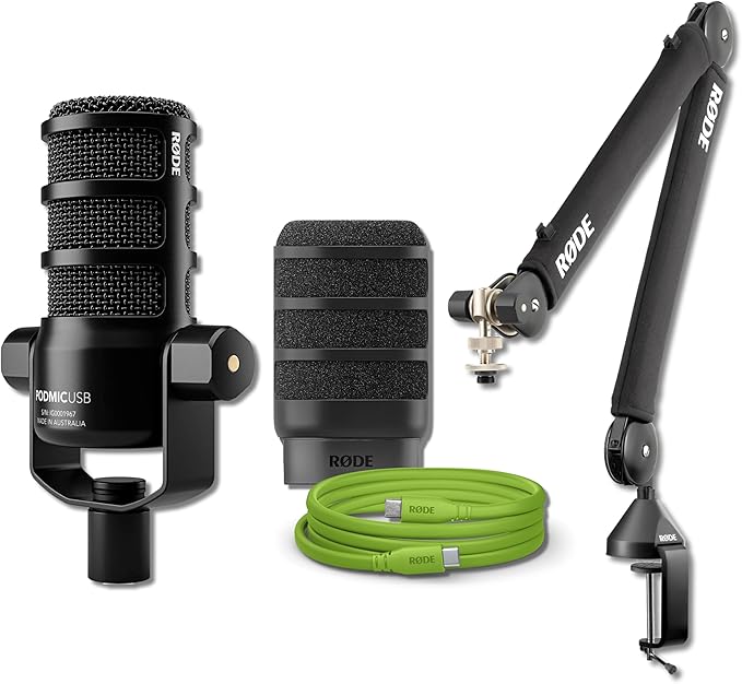 Rode PodMic USB Dynamic Broadcast Microphone with Rode PSA1+ Broadcast Microphone Boom Arm XLR Cable and SC27 USB-C to USB-C Cable (Green)