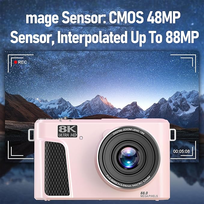 Zopsc 8K Digital Camera 88MP with WiFi 18X Zoom and 3in Flip Screen Autofocus Vlogging Camera with LED Fill Light Live Streaming Webcam for Travel (Pink)