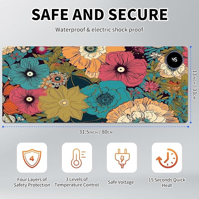 Heated Mouse Pad Hand Warmer Warm Desk Pad Mousepad Desk Mat with 3 Levels Heating and 3 Hours Auto Shut Down 31.5 x 13 inch PU Leather Warmer Keyboard Mat for Gaming Laptop Office Home Art Flower