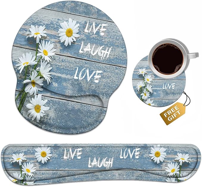 Keyboard Wrist Rest + Mouse Pad Wrist Support Set with Coasters Dreamy Daisy Vintage Wood Board Live Laugh Love Design Non-Slip PU Base Ergonomic Mousepad for Home Office Working Studying