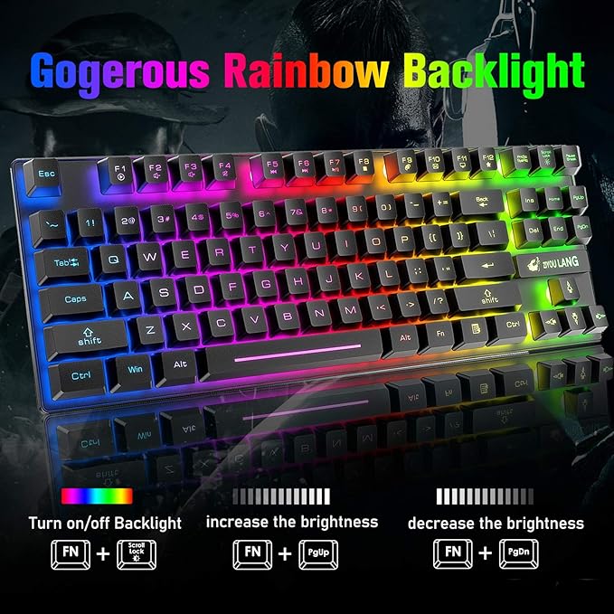 Wireless Gaming Keyboard and Mouse Combo with 87 Key Tenkeyless Rainbow LED Backlight Rechargeable 3800mAh Battery Anti-ghosting Ergonomic Waterproof RGB Mute Mice for Computer PC Gamer (Black)