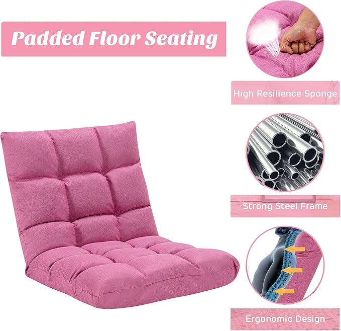 Pink Linen Fabric Floor Chair Folding Lazy Video Gaming Chair 14 Adjustable Backrest Positions Soft Comfortable Thick Padded Cushion Steel Frame Great for Reading Watching TV Playing Games
